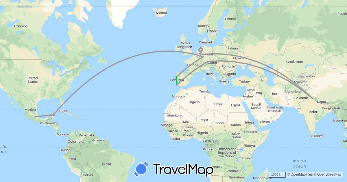 TravelMap itinerary: driving, bus, plane in Germany, India, Mexico, Portugal (Asia, Europe, North America)